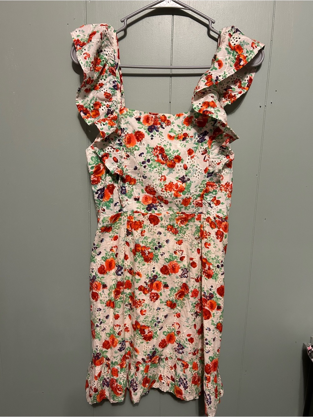 Blue Rain White Mini Dress with Red Floral Print